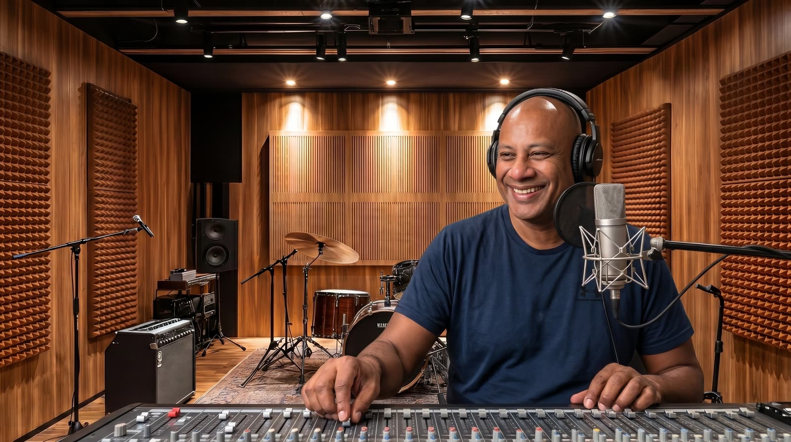 Tony Rako at the studio mixing console — wide warm-lit control room.